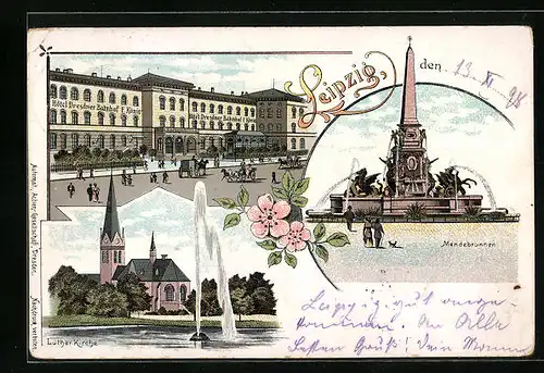 Lithographie Leipzig, Hotel Dresdner Bahnhof, Lutherkirche, Mendebrunnen