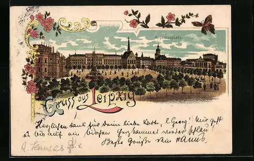 Lithographie Leipzig, Augustusplatz mit Brunnen