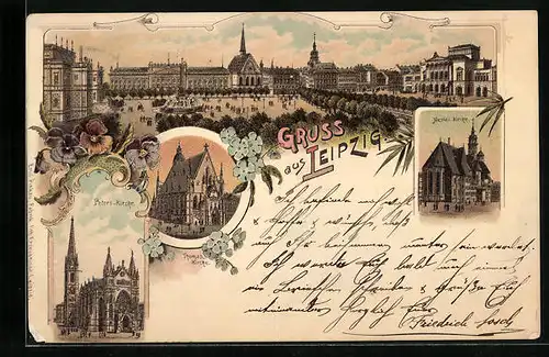 Lithographie Leipzig, Nicolai-Kirche, Thomas-Kirche, Peters-Kirche