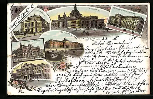 Lithographie Leipzig, Königliche Kunstakademie, Konzerthaus, Gewerbeschule