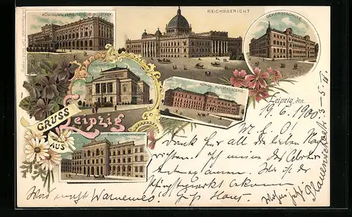 Lithographie Leipzig, Königliche Kunstakademie, Konzerthaus, Gewerbeschule