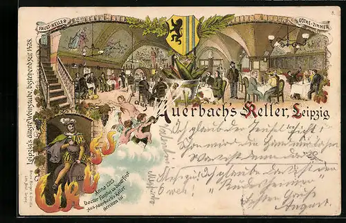 Lithographie Leipzig, Gasthaus Auerbach`s Keller, Innenansichten Göthe-Zimmer & Faust-Keller