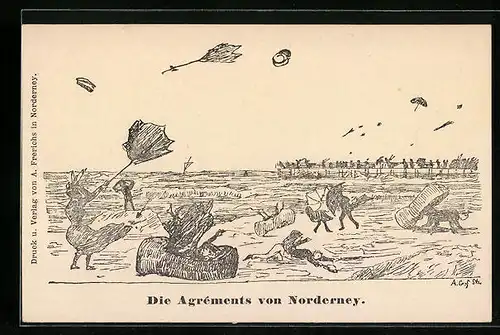 Künstler-AK Norderney, Die Agréments, Ortspartie mit Menschen im Sturm