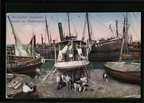 AK Cuxhaven, Partie am Fischereihafen mit Dampfer H. C. F. Bürgermeister Stammann