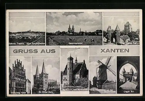 AK Xanten, Karthause von Nordosten, Kriemhildmühle an der Stadtmauer, Gotisches Haus