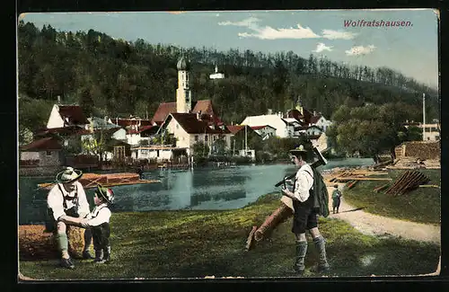 AK Wolfratshausen, Uferpartie mit Kirche