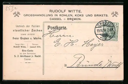 AK Cassel, Geschäftskarte Rudolf Witte - Grosshandlung in Kohlen, Koks und Brikets