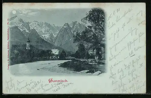 Mondschein-AK Garmisch, Totale mit Gebirgswand