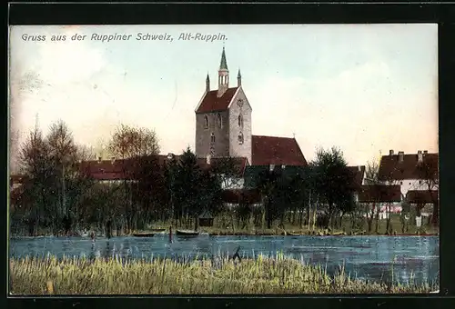 AK Alt-Ruppin, Teilansicht mit Kirche