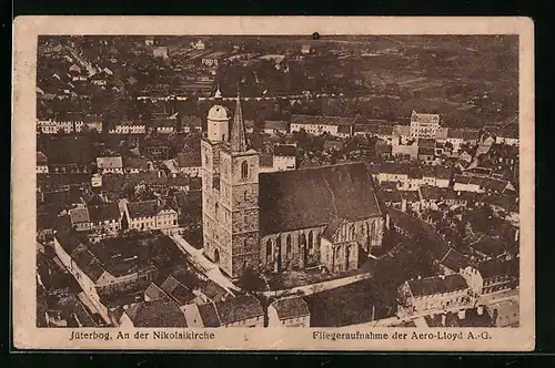 AK Jüterbog, Teilansicht mit Nikolaikirche, Fliegeraufnahme