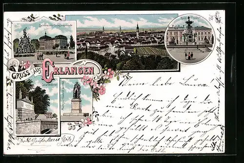 Lithographie Erlangen, Universitäts-Collegiengebäude, Kunstbrunnen