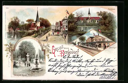 Lithographie Hamburg-Bergedorf, Bahnhof, Schloss, Denkmal Kaiser Wilhelm I.