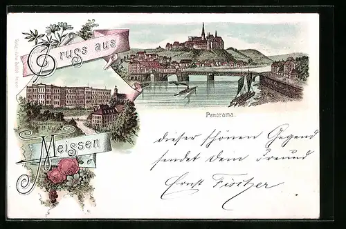 Lithographie Meissen, Kgl. Landesschule St. Afra, Panorama