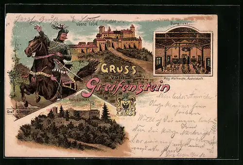 Lithographie Greifenstein, Ruine 1900, Veste 1304, Burgsaal