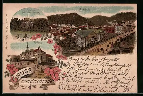 Lithographie Friedrichroda, Kurhaus, Schloss Reinhardsbrunn