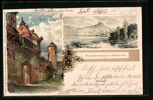 Lithographie Breuberg, Blick zur Burg Breuberg im Odenwald