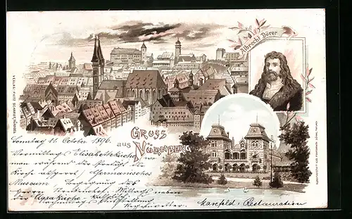 Lithographie Nürnberg, Gesamtansicht mit Portrait Albrecht Dürer