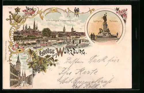 Lithographie Würzburg, Gesamtansicht mit Domstrasse