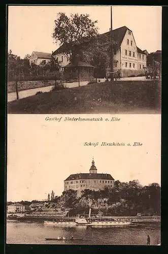 AK Niederlommatzsch a. Elbe, Gasthof Niederlommatzsch, Dampfer passiert Schloss Hirschstein