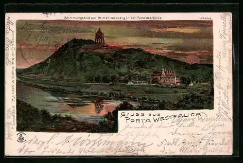 Sonnenschein-AK Porta Westfalica, Stimmungsbild am Wittekindsberg