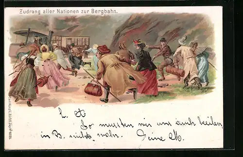 Lithographie Zudrang aller Nationen zur Bergbahn