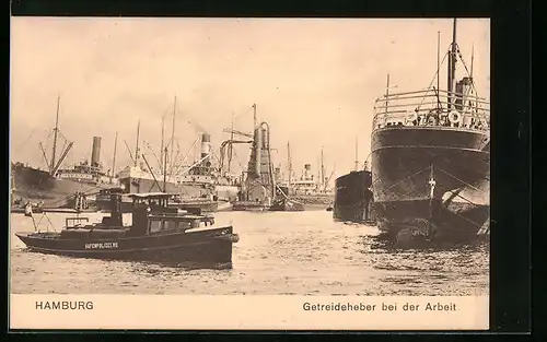 AK Hamburg, Getreideheber bei der Arbeit und Boot der Hafenpolizei