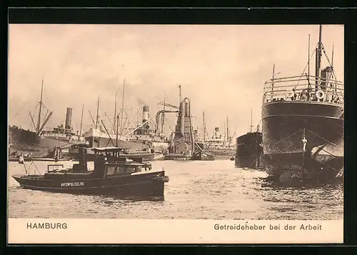 AK Hamburg, Getreideheber bei der Arbeit und Boot der Hafenpolizei