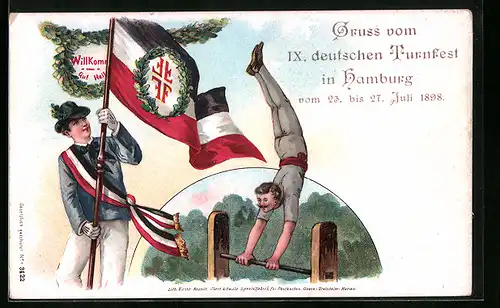 Lithographie Hamburg, IX. deutsches Turnfest 1898, Reckturner, rückseitig AK-Reklame Fr. Schwaiger am Dovenfleth 22