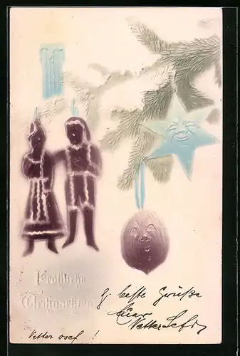 Präge-Airbrush-AK Lebkuchen-Weihnachtsmann am Christbaum