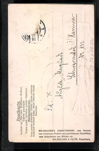 Präge-Airbrush-AK Lebkuchen-Paar am Christbaum