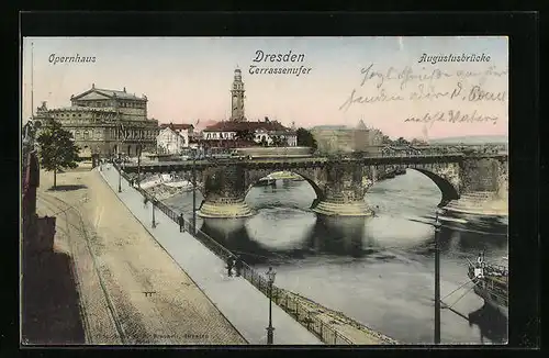 AK Dresden, Terrassenufer mit Augustusbrücke und Opernhaus