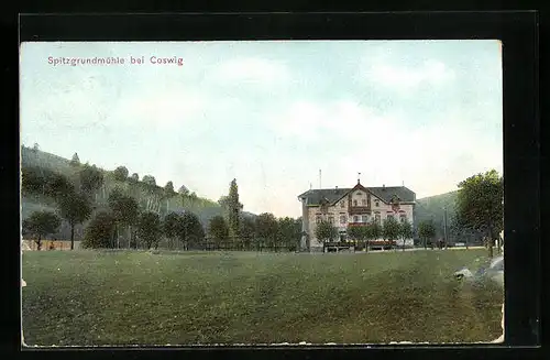 AK Coswig, Blick zum Haus Spitzgrundmühle