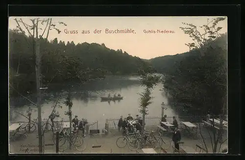 AK Gohlis-Niederau, Gasthaus Buschmühle, Terrasse mit See