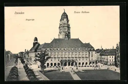 AK Dresden, Neues Rathaus mit Ringstrasse