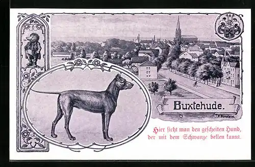 Künstler-AK Buxtehude, Stadtansicht, Igel und Hund