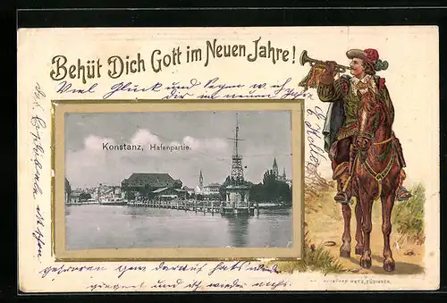 Passepartout-Lithographie Konstanz, Hafenpartie mit Trompeter