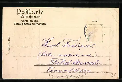 Passepartout-Lithographie Konstanz, Hafenpartie mit Trompeter