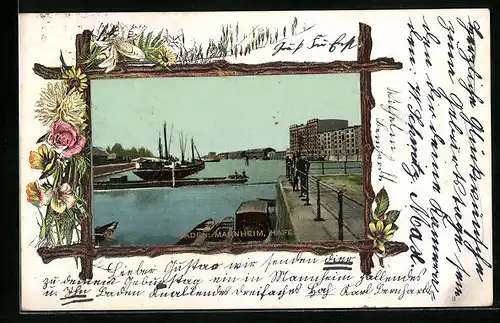 Passepartout-Lithographie Baden, Mannheim, Hafen mit Blumen-Dekor