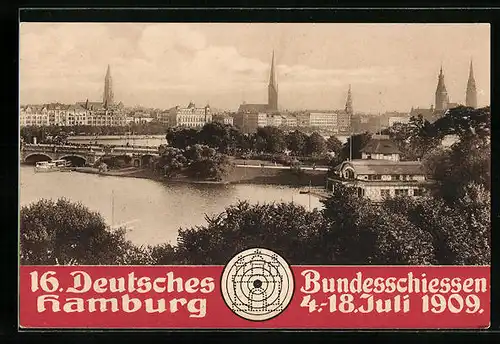 AK Hamburg, 16. Deutsches Bundesschiessen, Schützenfest 1909, Lombardsbrücke