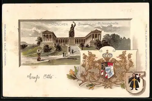 Passepartout-Lithographie München, Bavaria mit Ruhmeshalle und Wappen