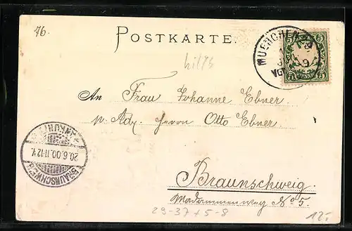 Passepartout-Lithographie München, Bavaria mit Ruhmeshalle und Wappen