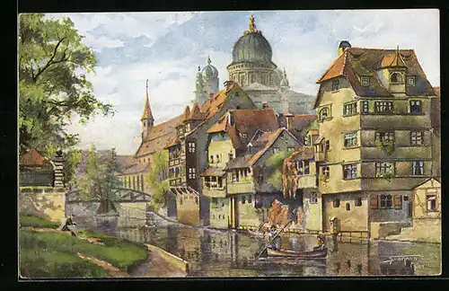Künstler-AK Nürnberg, Insel Schütt mit Synagoge