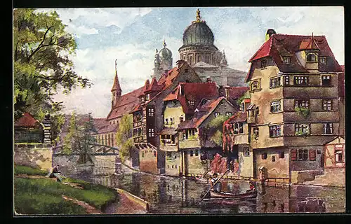 Künstler-AK Insel Schütt mit Synagoge