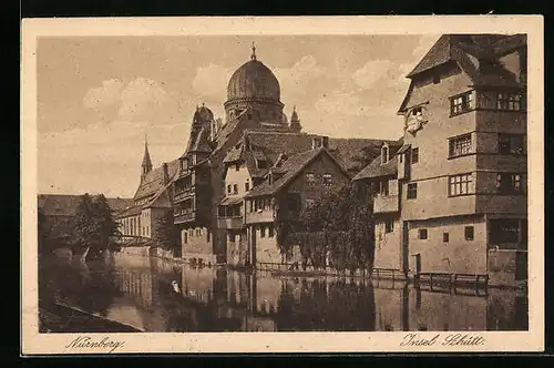 AK Nürnberg, Insel Schütt mit Blick zur Synagoge