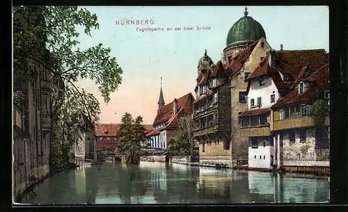 AK Nürnberg, Pegnitzpartie an der Insel Schütt, Synagoge