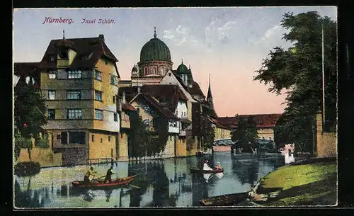 AK Nürnberg, Insel Schütt, Bootspartie mit Synagoge
