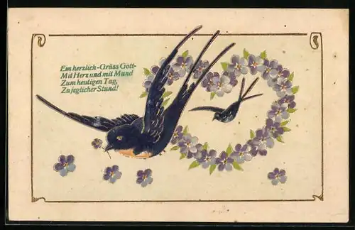 Präge-AK Blumenbild mit Schwalben und Vergissmeinnicht