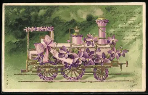 Präge-AK Blumenbild einer Dampflokomotive mit Veilchen