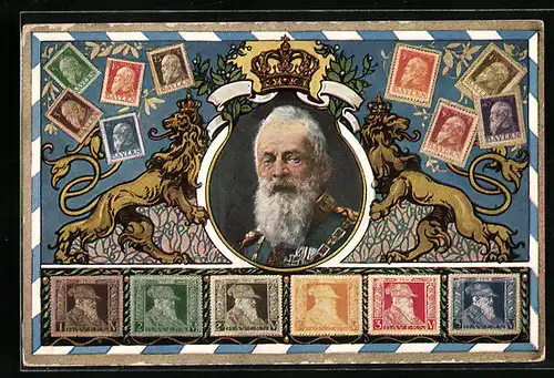 AK Bayerische Briefmarken und Portrait von Prinzregent Luitpold