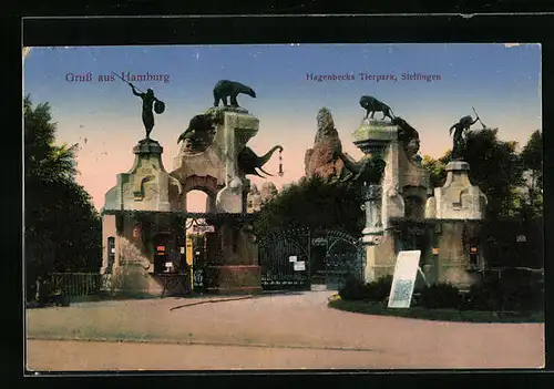 AK Hamburg-Stellingen, Carl Hagenbecks Tierpark, Eingang im Abendlicht